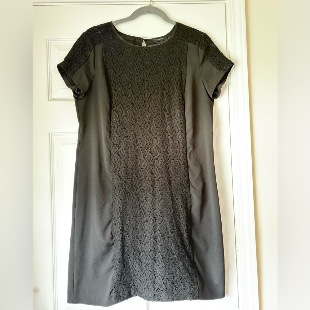 Apt.9 Dress Solid Black-Tie Lined Lacy Panel Poly Shift S-Sleeve A-Knee Sz M